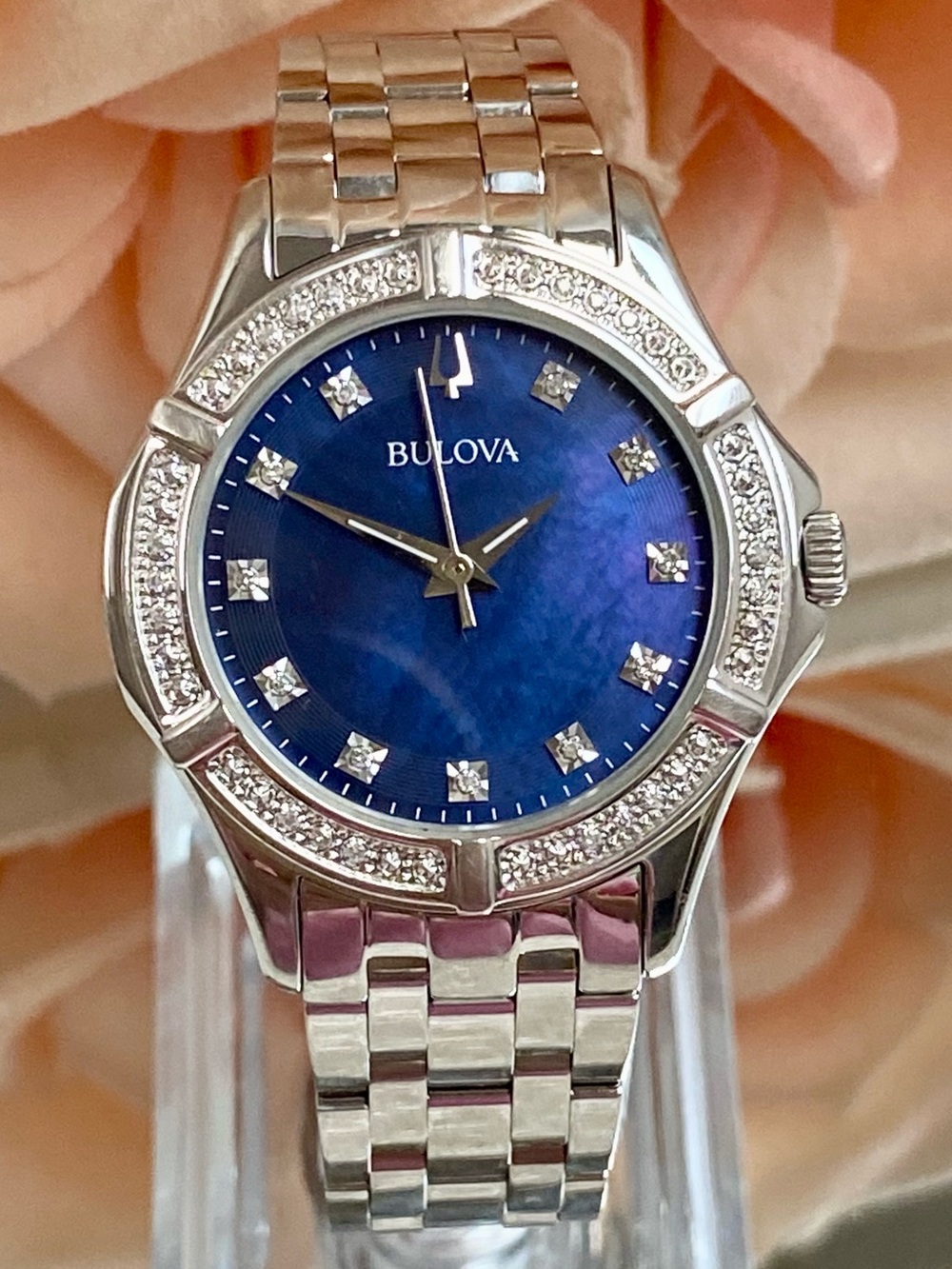 Bulova Diamond Accented Bezel & Dial Blue Mother of Pearl Dial Stainless Watch
